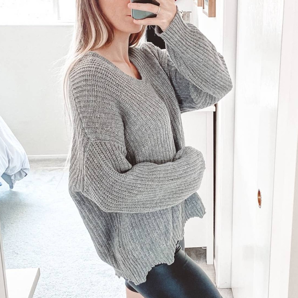 NWT Chunky Knit Raw Hem Wool Ribbed Sweater Grey